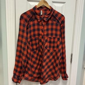 Free People SZ L Red Plaid Snap Button Up Top Shoulder Cutouts Boho Western